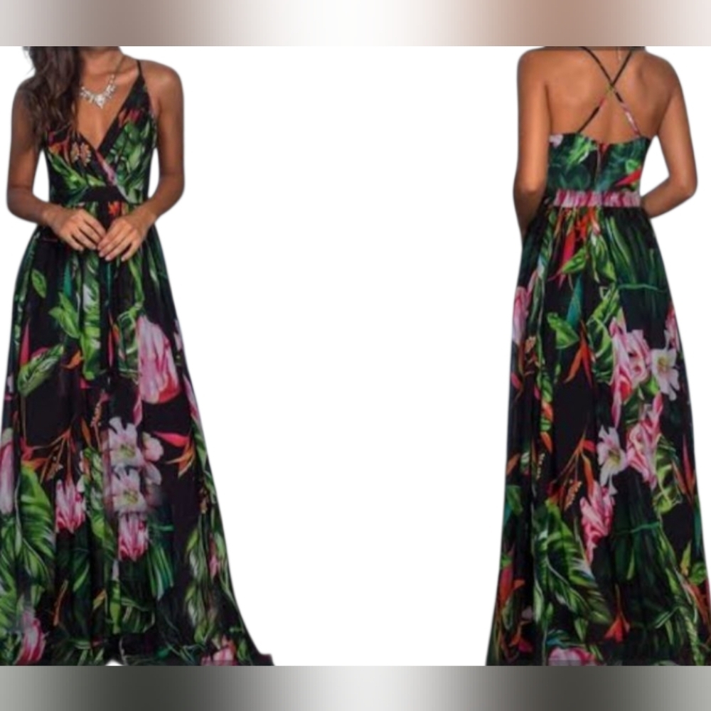 Floral Black Maxi Dress with Spaghetti Straps